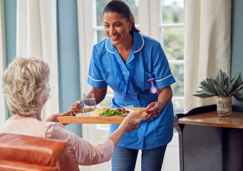 Nurse delivering lunch to senior lady
